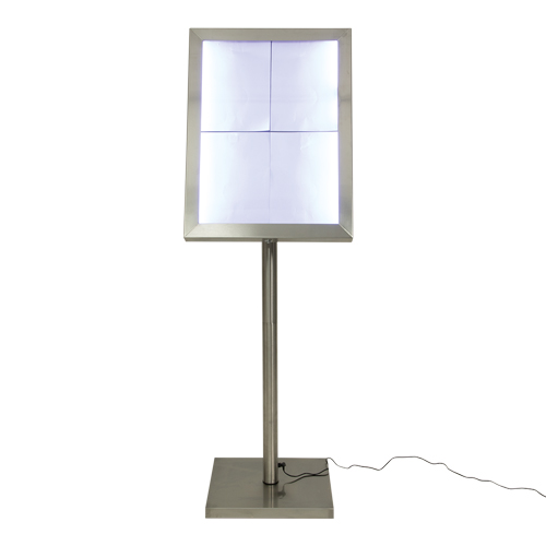 SECURIT informacinis LED stendas 70x35x6cm, 4xA4, nerūd. plieno. Stovas, ratukai ir baterija užsakoma atskirai.