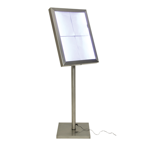 SECURIT informacinis LED stendas 70x35x6cm, 4xA4, nerūd. plieno. Stovas, ratukai ir baterija užsakoma atskirai.