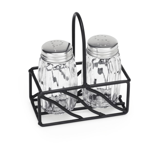 Druskos ir pipirų indelių rinkinys h-11 cm, stikliniai indeliai, juodame nerūd. plieno stove