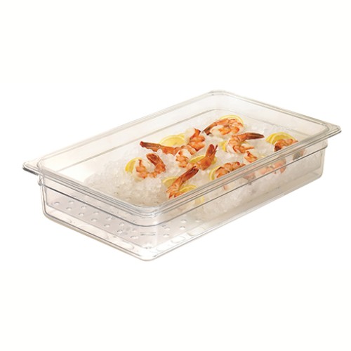 Indas su drenažo skylutėmis maistui laikyti CAMBRO (skaidrus polikarb.) (GN1 1-32.5x53cm; h-7.6cm)